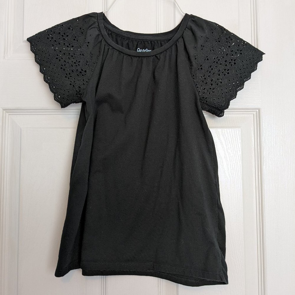 Cat & Jack Black Top With Eyelet Lace Flutter Sleeves 10-12 (Bundle)